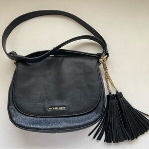 Michael Kors - Elyse Saddle Bag Purse - Black Leather with Gold Accents Classic!